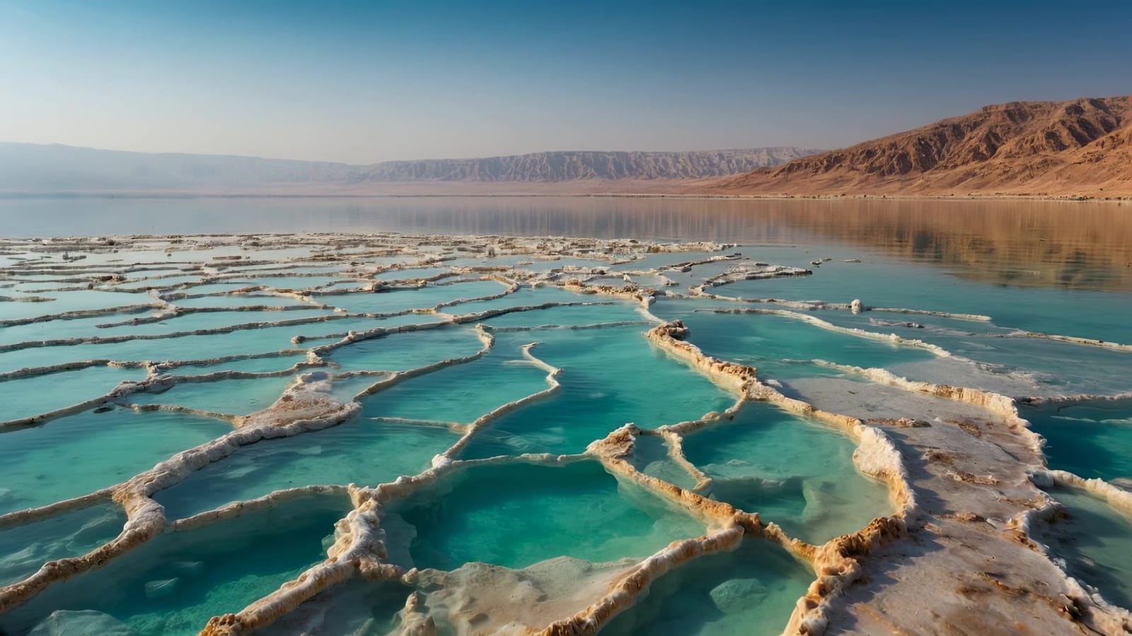 AI-generated video of the Dead Sea shores, Jordan — turquoise salt pools beneath desert mountains